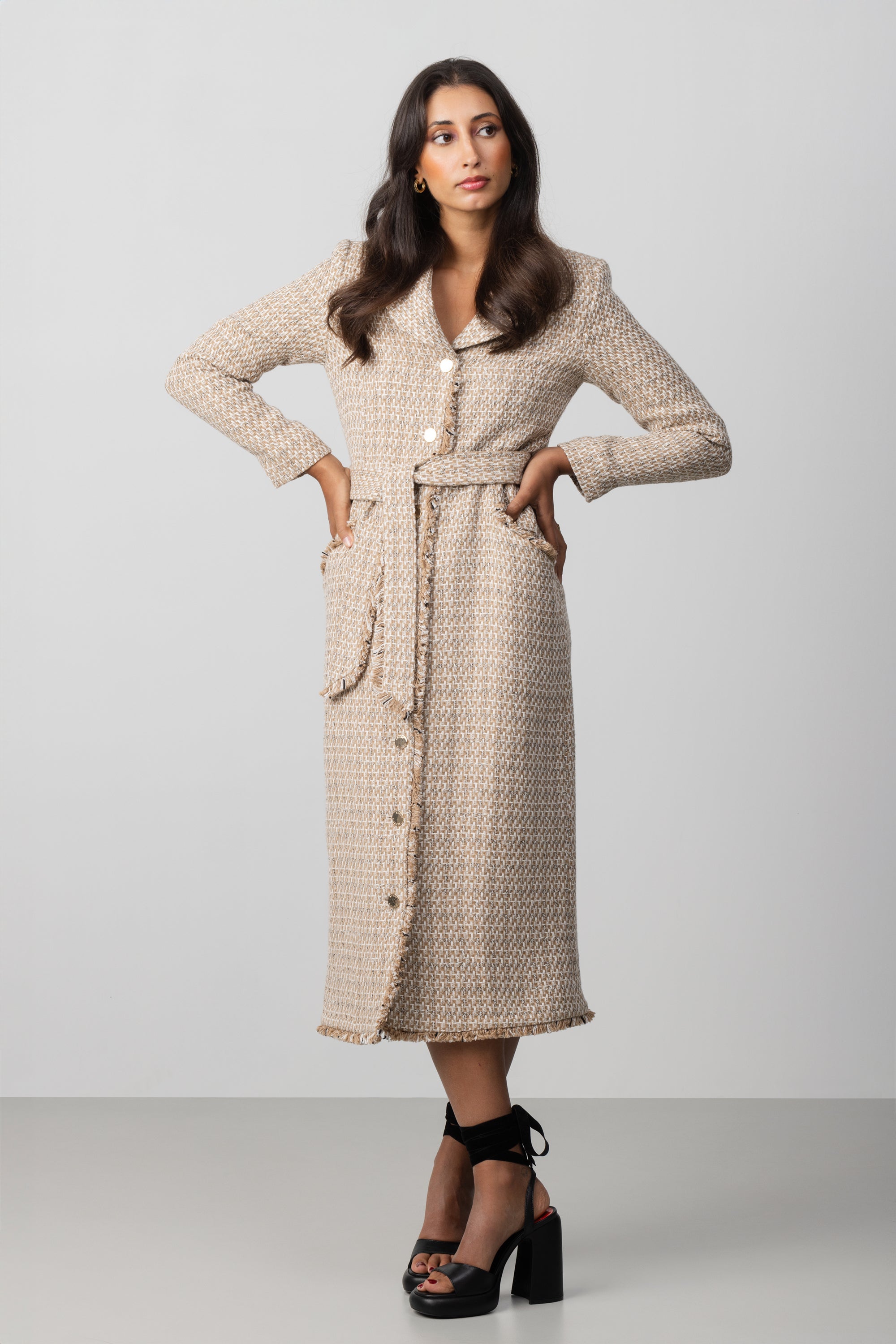 Bouclé Belted Midi Dress