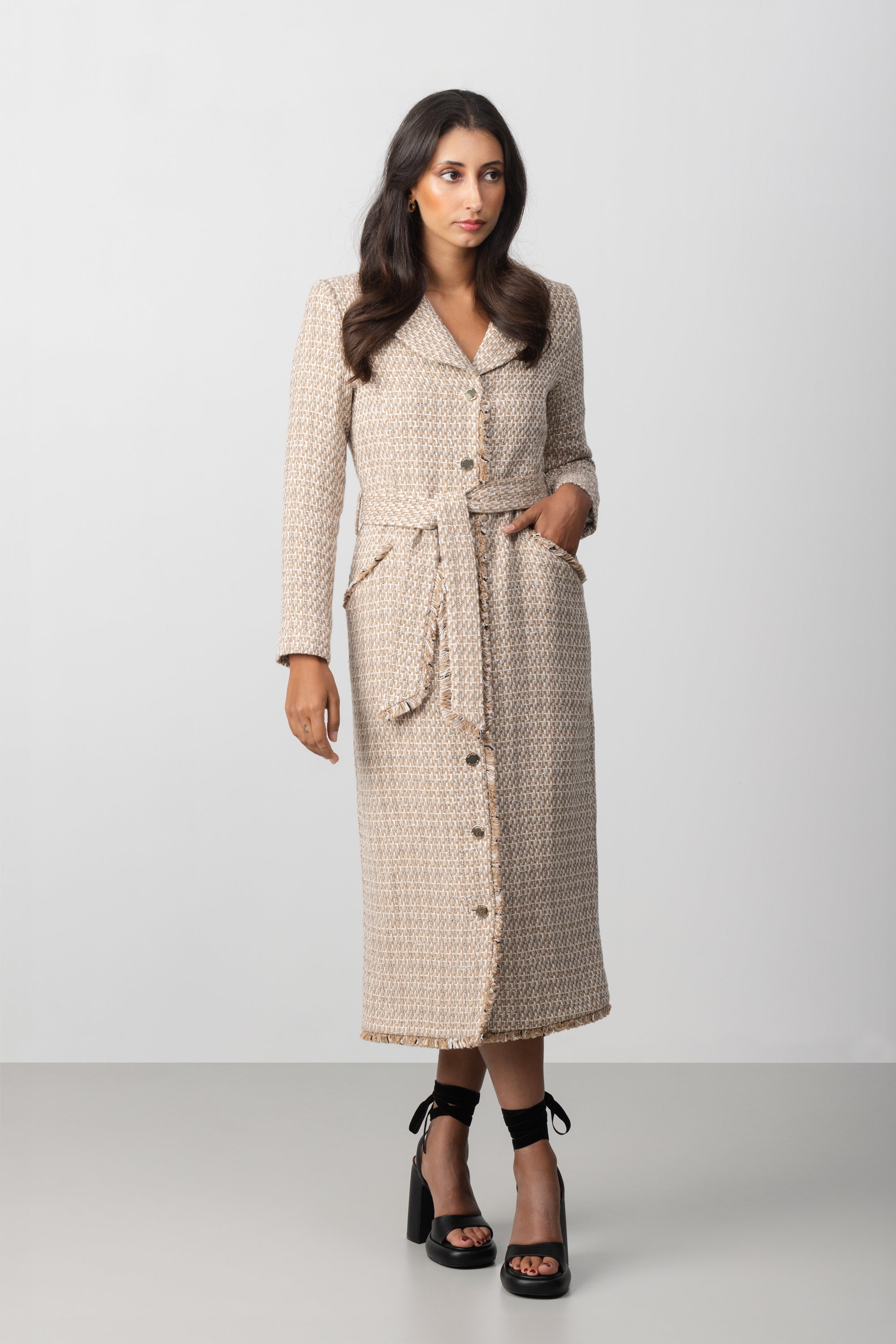 Bouclé Belted Midi Dress